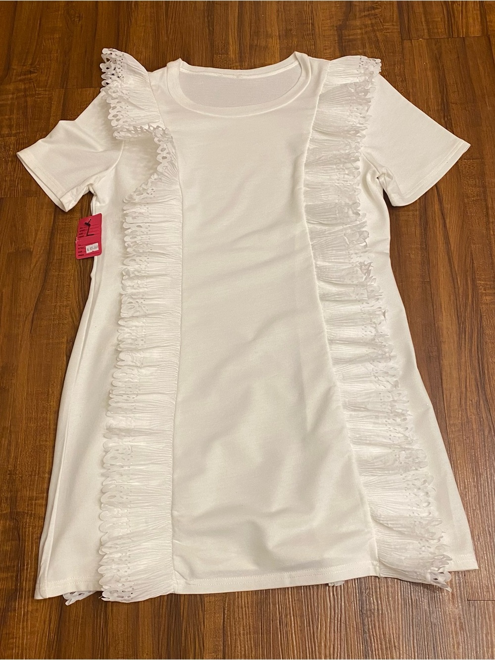New Ladies  White Ruffle Trim Tee Shirt Dress